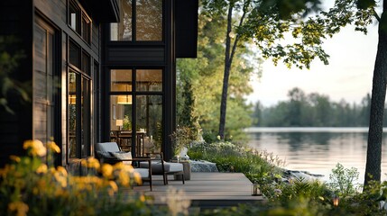   A house on a lake with a deck of chairs and flowers in the foreground