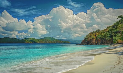 Obraz premium Fluffy clouds float above a white sand beach with turquoise water, white sand beach, soft cloud formations