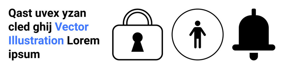 Padlock with keyhole, user icon, and bell notification. Ideal for security features, user management, notification system, privacy, interface design app development web security. Landing page