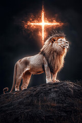 Majestic Lion with Crown of Thorns Under Glowing Cross/ Lion of Judah -  Vertical Format [2:3 ratio] © Raivin+