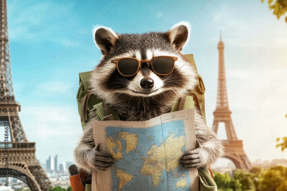 Aufkleber raccoon exploring iconic world landmarks with a map and backpack in a vibrant urban setting. generat