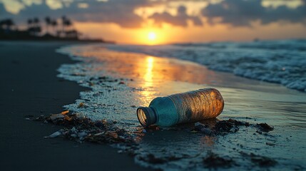 Plastic bottle on beach at sunrise. Waves and trees in the distance.