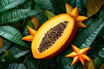 Assorted Exotic Fruits on Green Leaf Background: Kiwi, starfruit, and mangoes displayed against lush green leaves for an organic feel.