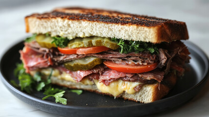 Close-up of a gourmet deli sandwich on a plate.