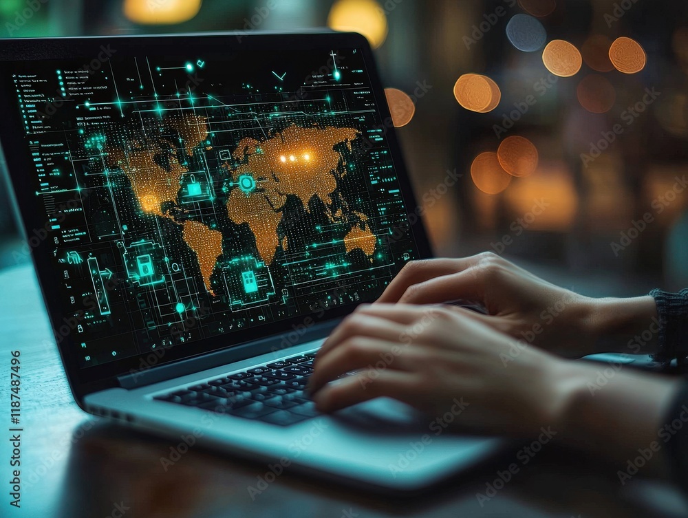 Poster a person uses a laptop displaying a world map and data visualization. this suggests applications in 