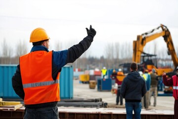 A dock worker in a high-visibility jacket directs crane operators while overseeing cargo loading
