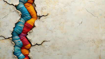 Colorful thread in cracked wall, artistic concept.