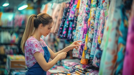 Fabric store employee illustrates fabric texture to a customer surrounded by colorful patterns