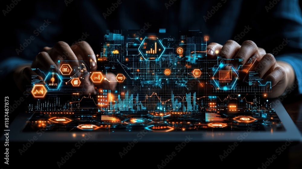 Poster a person interacts with a futuristic holographic interface displaying data analytics and business in