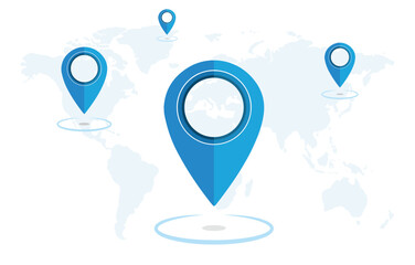 Blue location 3d icon marker or route gps position navigator sign and travel navigation pin road map pointer symbol isolated on white street address background with point direction discovery tracking.