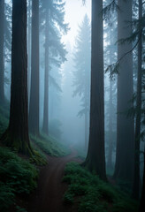 Morning in a dense redwood forest