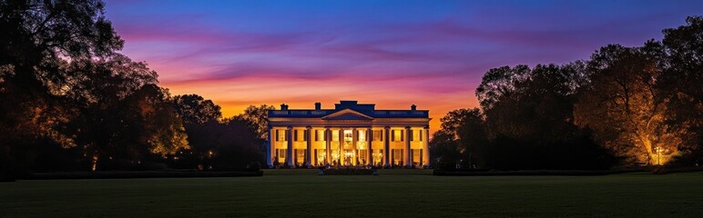 Naklejka premium Majestic and stately manor house bathed in the warm glow of a vibrant sunset surrounded by a lush beautifully landscaped park like setting with towering trees and well tended lawns This elegant