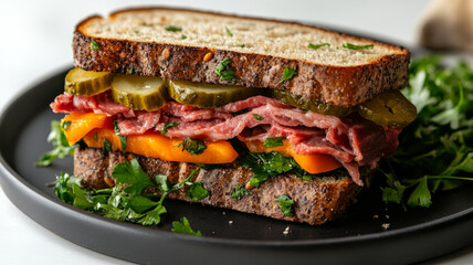 Pastrami sandwich with cucumbers and herbs on a plate.
