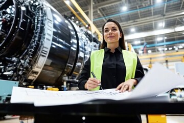 Engineer reviews blueprints while standing beside industrial machinery in a factory setting