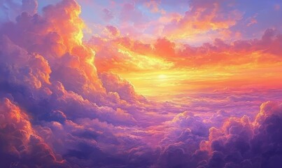 Fototapeta premium Clouds are painted with warm colors of orange, pink, and purple as the sun dips below the horizon, beautiful view, natural beauty , cloud painting