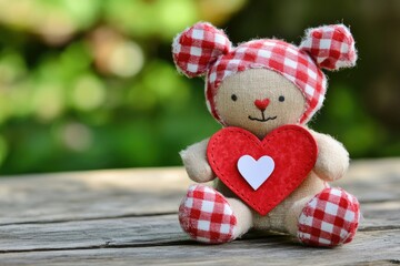 Obraz premium A charming teddy bear with a checkered pattern holds a red heart. This delightful representation of love is ideal for Valentine's Day gifts and expressions of affection