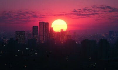 Cityscape Silhouette At Sunset With Illuminated Buildings