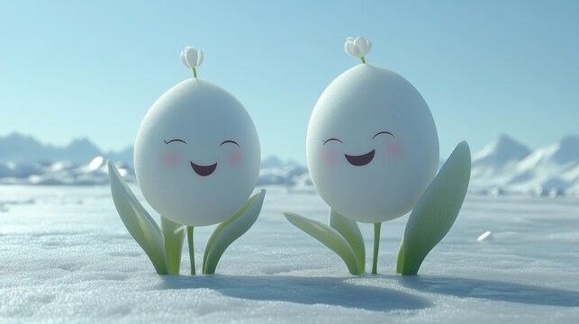 This charming card features cute characters with happy expressions, surrounded by a soft winter landscape. Ideal for sharing love on Valentine's Day