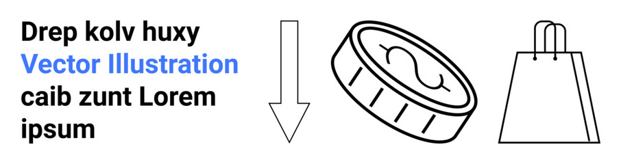 Coin with dollar sign, downward arrow, and shopping bag represent online shopping, e-commerce, and financial transactions. Ideal for e-commerce, online payment, financial services, digital marketing