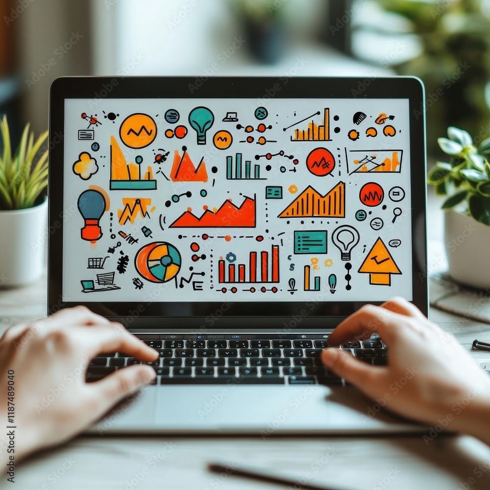Poster a person uses a laptop displaying colorful business infographics. ideal for visualizing data analysi