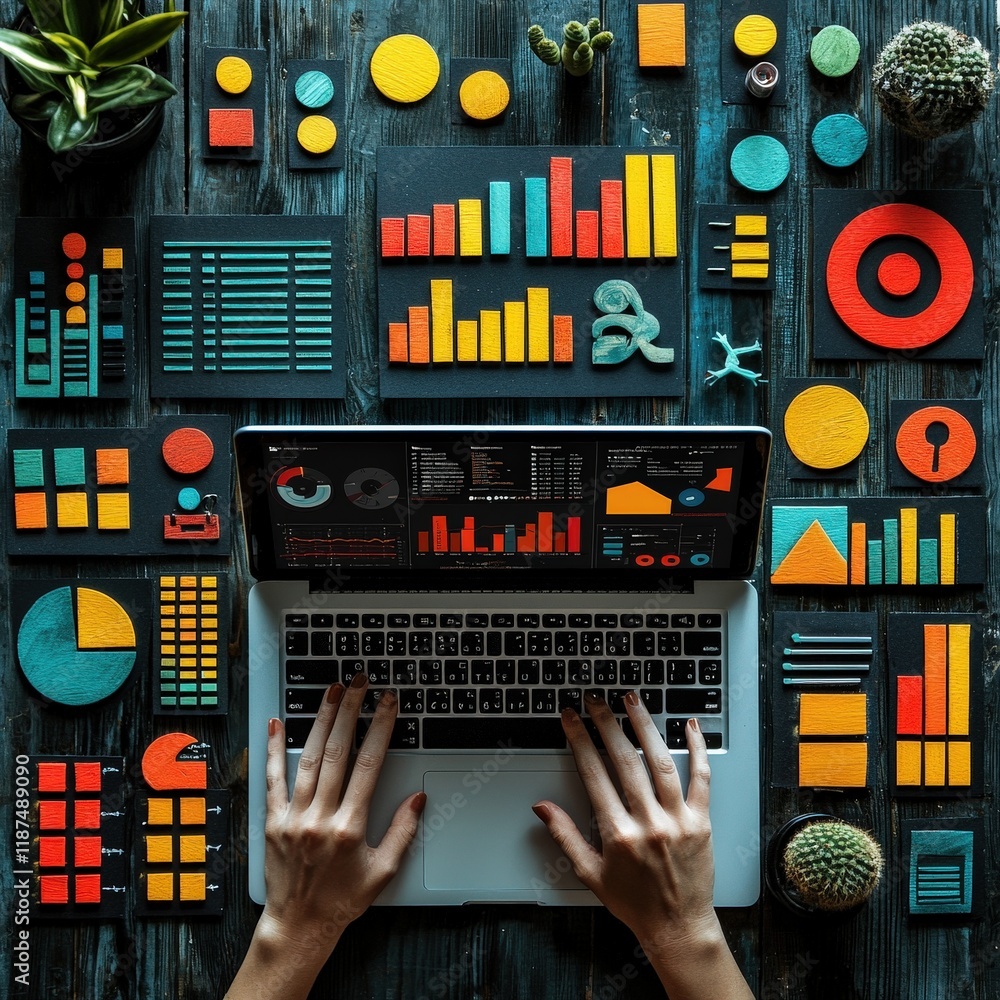 Poster hands typing on a laptop surrounded by colorful charts and graphs. ideal for visualizing data analys