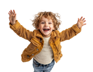 Overjoyed little boy jumping with joy in a bright studio high fidelity emotion capture isolated on transparent background png