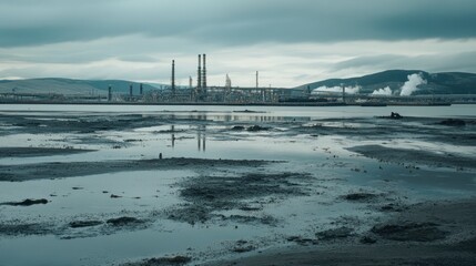 Heavy pollution marks the harbor with oil slicks and debris, showcasing industrial neglect