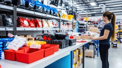 A worker manages a production line, organizing packaged goods in an industrial environment