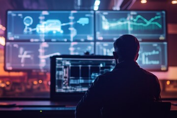 Operator analyzes multiple screens displaying real-time truck locations and logistics data