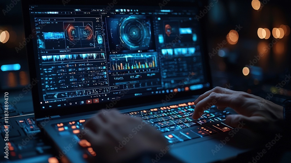 Poster a person uses a laptop displaying complex data visualizations and dashboards. ideal for software dev