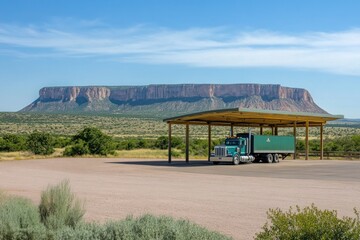 A truck driver takes a refreshing break at a tranquil rest area surrounded by nature