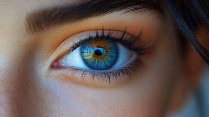 Fototapeta premium Close-up of a vibrant blue eye with colorful iris reflecting light