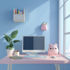 明るいホームオフィスで作業する少女の3Dイラスト
