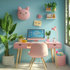 明るいホームオフィスで作業する少女の3Dイラスト