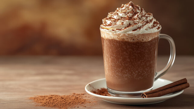 Hot chocolate with whipped cream and cinnamon sticks