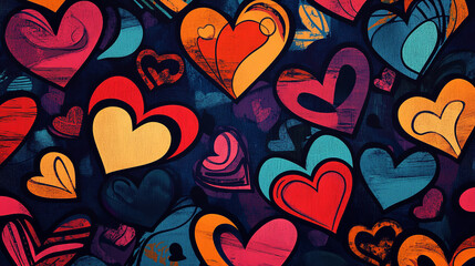 The image is a vibrant and colorful illustration filled with various heart shapes in different colors and styles, creating a joyful and energetic atmosphere