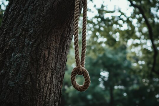 A noose hangs from a tree branch outdoors