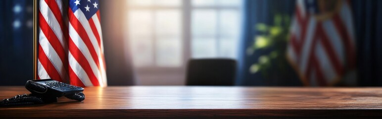 American flag displayed prominently in a modern office interior setting with a wooden desk chairs and a window overlooking the surroundings  This image represents the authority governance
