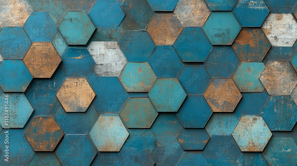 Poster a close-up shot of a dark blue hexagon pattern, with hexagons arranged in a repetitive design, formi