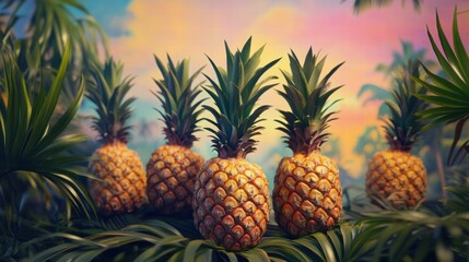 Fototapeta premium Pineapples nestled amid vibrant tropical foliage and palm trees during a colorful sunset landscape. Generative AI