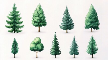 Fototapeta premium Set of Isolated Green Trees on a White Background for Design Use