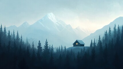   A house in a forest with a mountainous backdrop and a misty sky is depicted in the painting