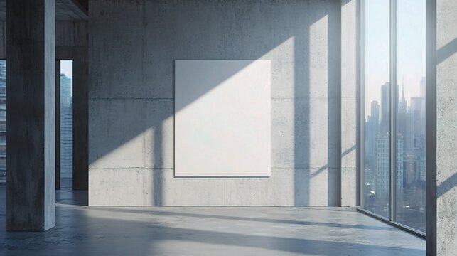 Modern Gallery Mockup: A sleek and minimalist gallery space with a large blank canvas on a concrete wall, bathed in warm natural light streaming through panoramic windows.