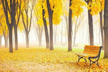 Autumn Leaves in Park: A tranquil park scene with trees in vibrant fall colors, leaves scattered on the ground, and a lone bench
