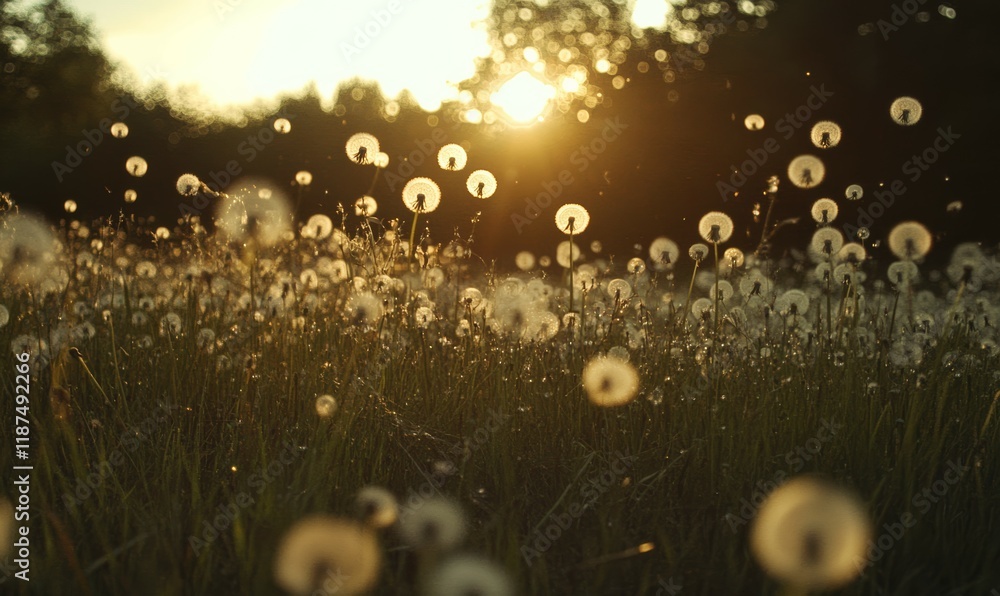 Poster dandelion seeds floating in a sunny field