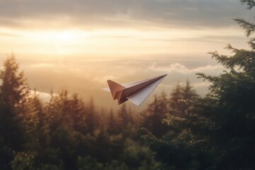Paper Airplane Soaring Over Sunset Forest Landscape