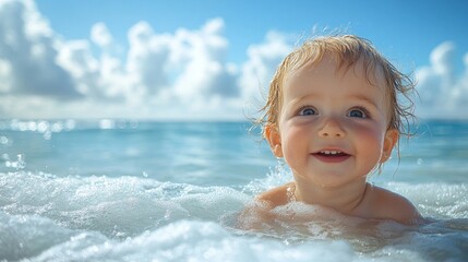 Happy baby playing in ocean waves.