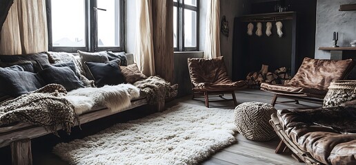 Cozy rustic living room with leather armchairs, sheepskin rug, and wooden sofa.