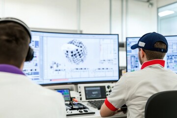 Team of engineers focuses on data analysis during wind tunnel testing in the control room