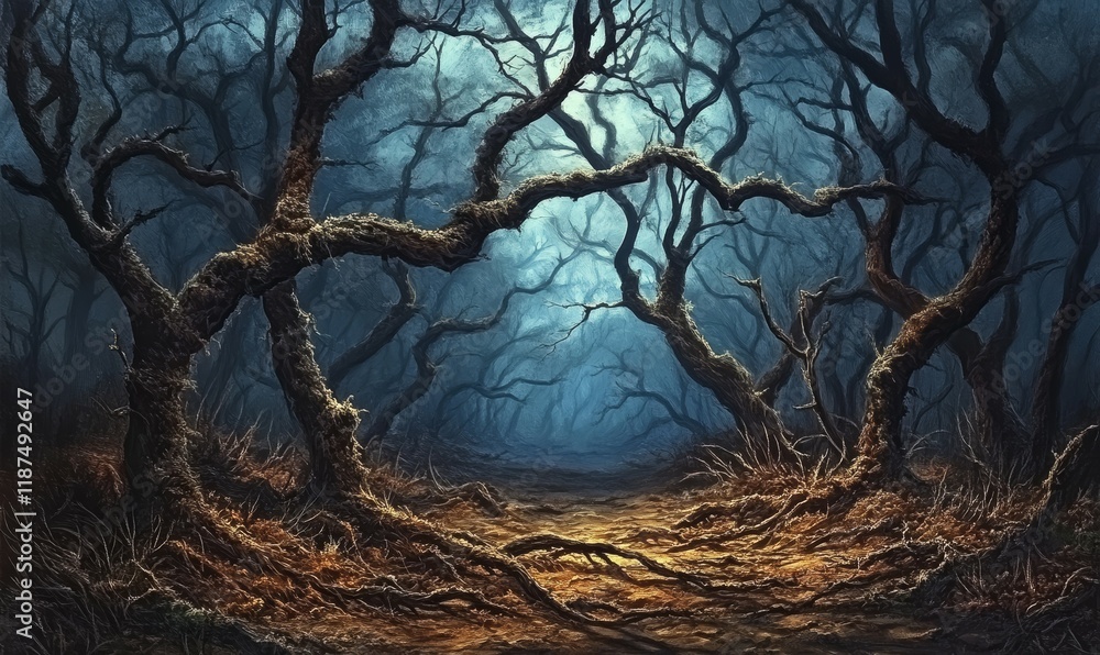 Poster dark forest floor with bare trees and fallen branches